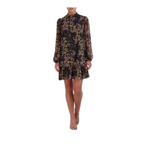 BCBG Paris Spray Garden Slit Sleeve black Boho Floral Mini-Dress bell Sleeves